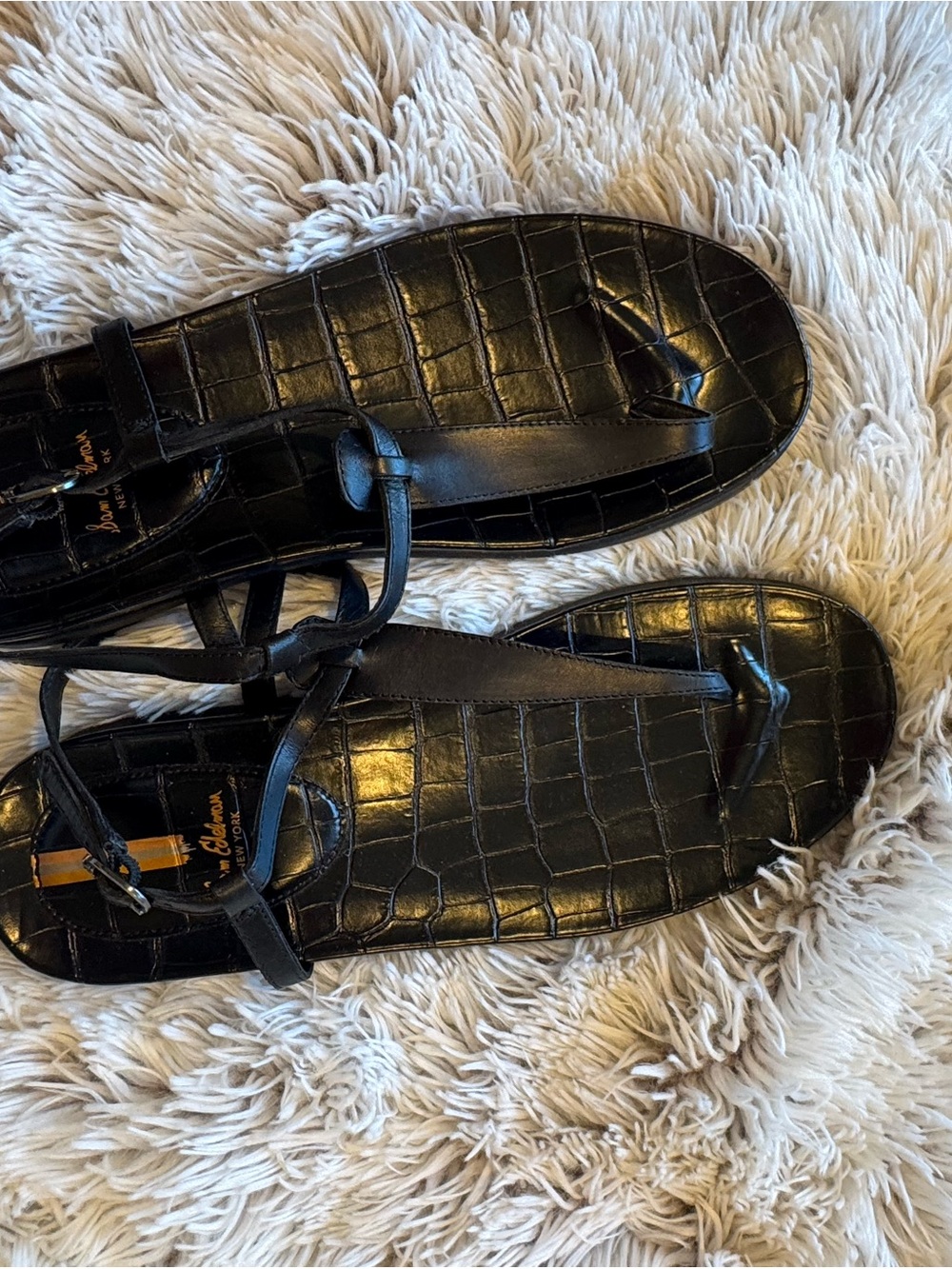 Sam Edelman Black Croc-Embossed T-Strap Sandals
